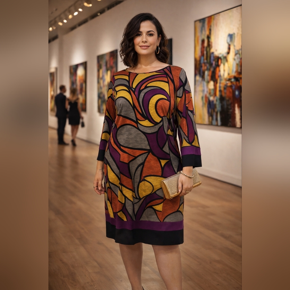 Dressbarn 1X All Over Abstract Print Shift Dress Wearable Art Fall Colors NWT